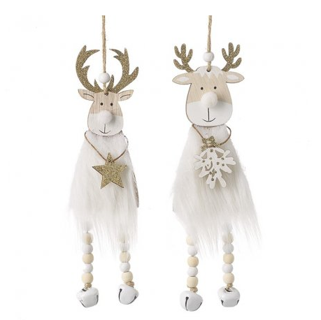 2 Assorted White Fur Hanging Deer, 23cm
