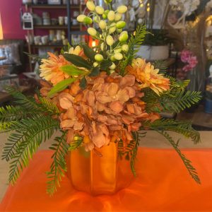 Peach Floral Arrangement In Gold Pot