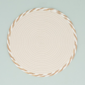Placemat - Round Beige Striped Edge Cotton Mix, Large