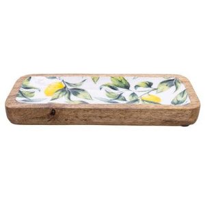 Enamelled Mango Wooden Dish Inlay Lemons and Leaves 30.5cm
