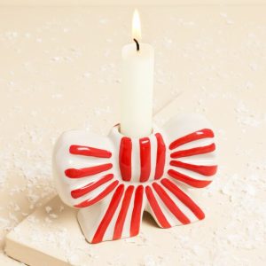 Red and White Stripe Bow Ceramic Candle Holder