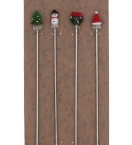 Pack/4 Metal & Glass Cocktail Stirrers 23cm - Christmas