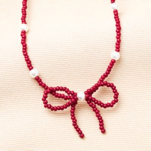 Pearl and Red Beaded Bow Pendant Necklace