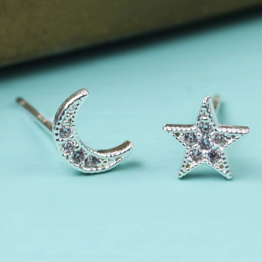 CZ Stone Moon and Star Silver Earrings