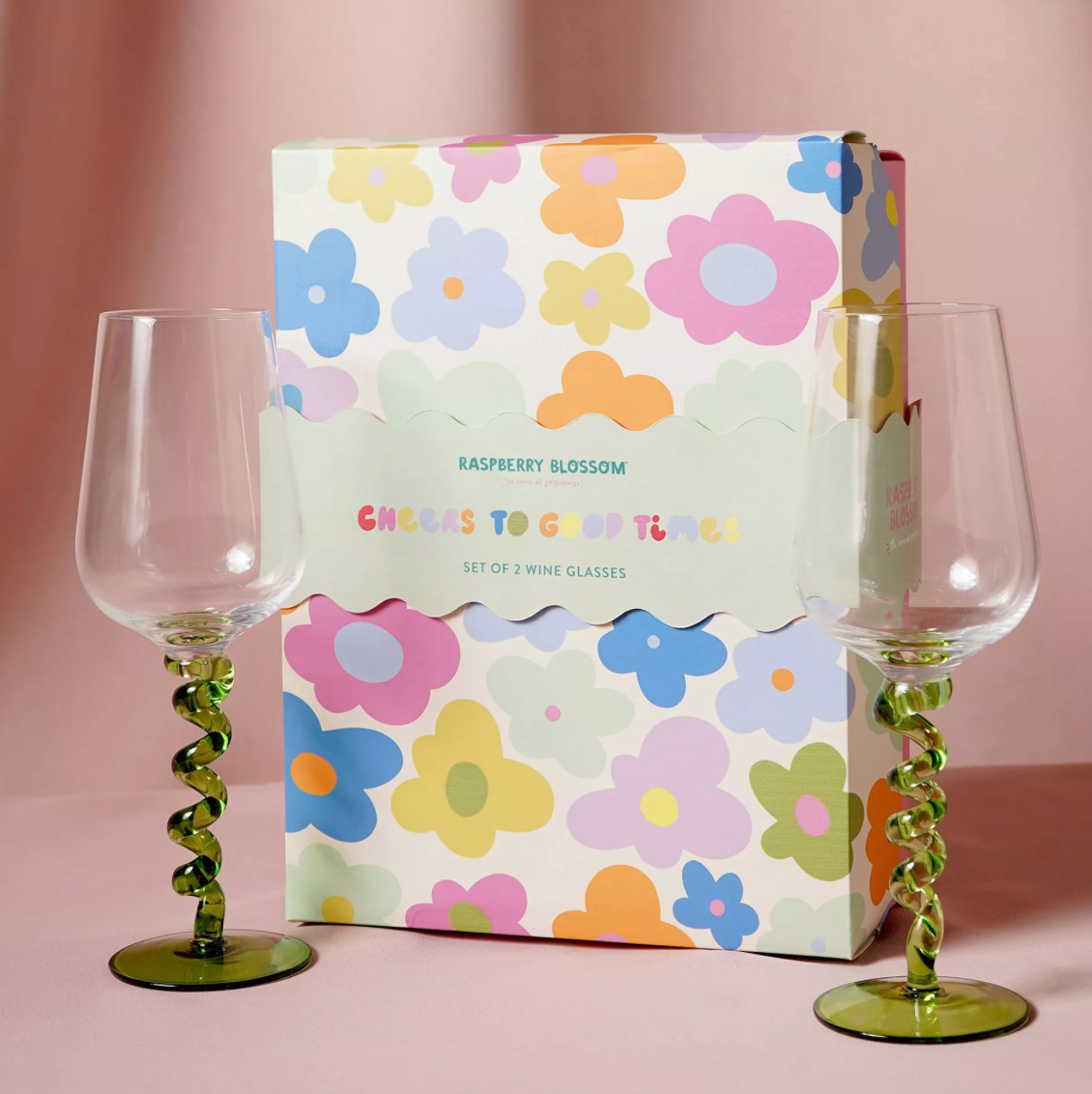 RASPBERRY BLOSSOM PAIR OF WINE GLASSES WITH WIGGLE STEMS IN A GIFT BOX