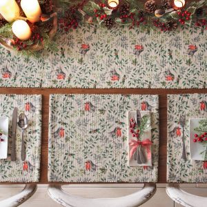 Robin Digitally Printed Table Runner + Placemat Green
