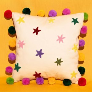Raspberry Blossum Tufted Stars Cushion with Pom Poms